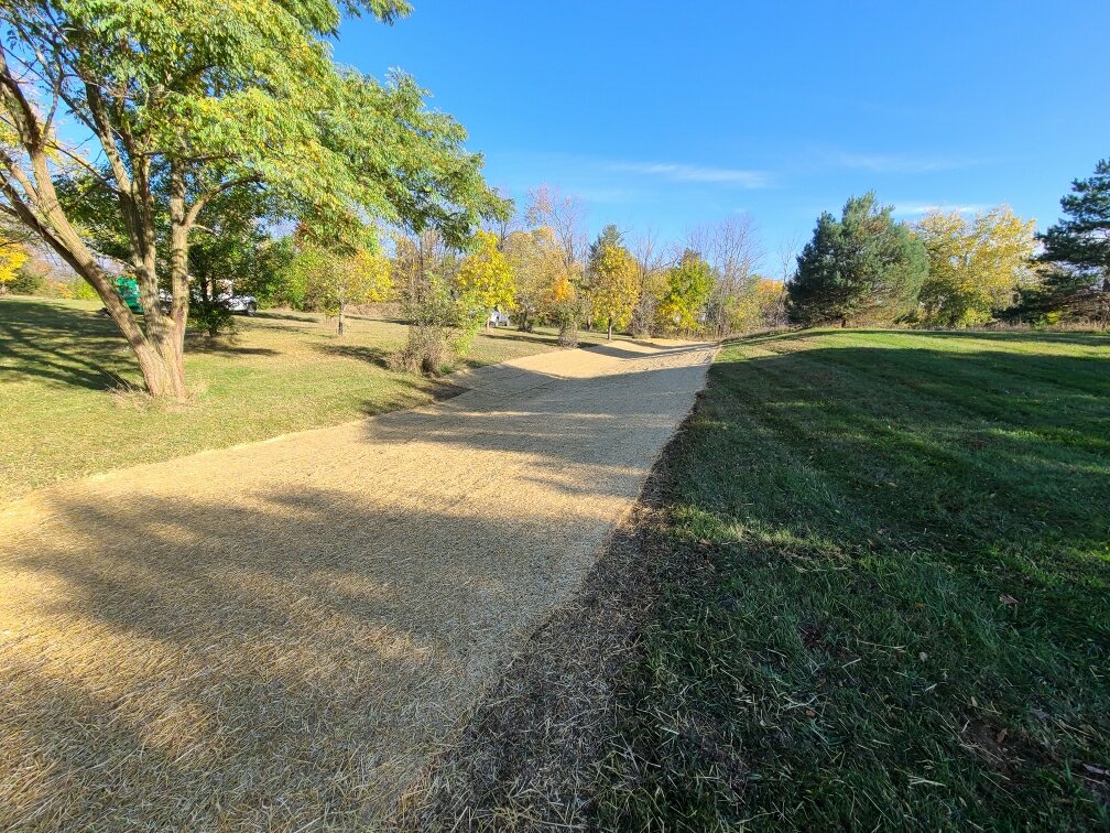 graded and seeded property surrounded by green grass and mature trees graded and seeded property surrounded by green grass and mature trees