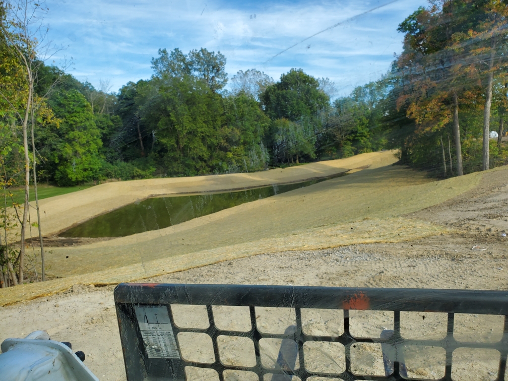 retaining pond with fresh straw, surrounded by a line of mature trees retaining pond with fresh straw, surrounded by a line of mature trees