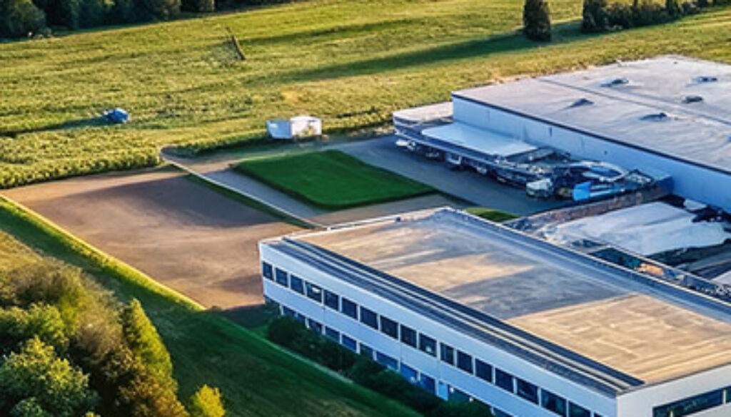 Aerial view of a white, flat-roofed industrial building with parking and green fields surrounding it, bordered by trees and hedges.